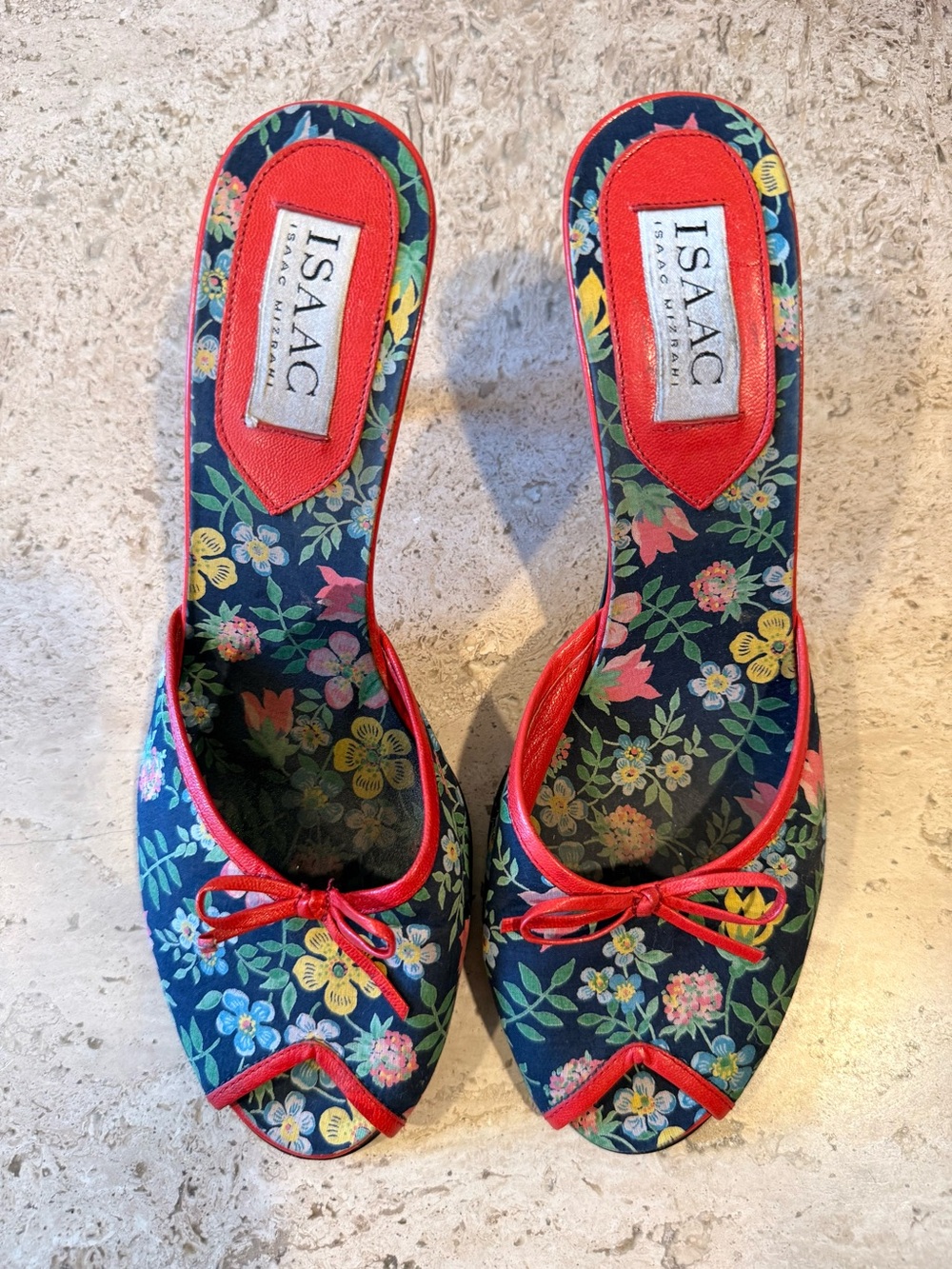 Isaac Mizrahi Vintage Navy Floral Peep-Toe Mules w/ Red Leather Trim
